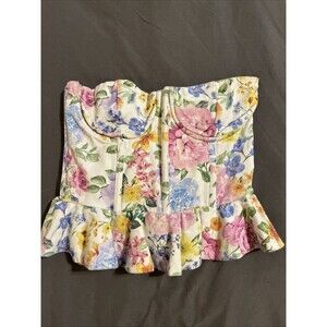 Floral Peplum Corset Sleeveless Top Sz Med Pastel Colorful Boning Back Zip